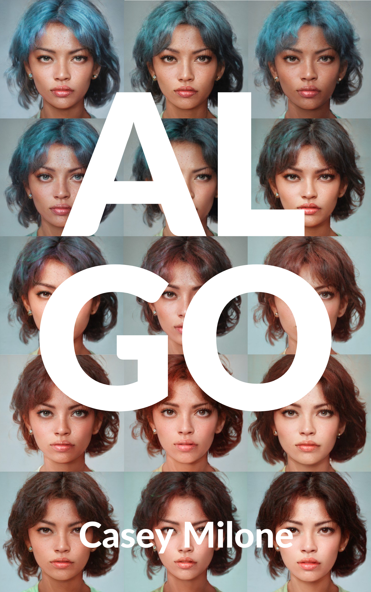ALGO book cover — a grid of AI-generated faces with the title ALGO by Casey Milone